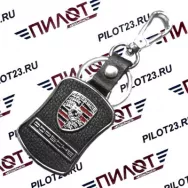 Брелок BR-41 (AE1050) черная кожа+металл, с карабином и эмблемой "PORSCHE"